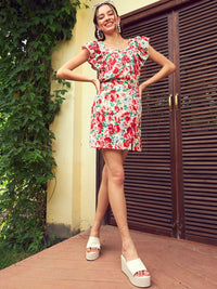 SASSAFRAS Red Floral Printed Sweetheart Neck Top With Skirt