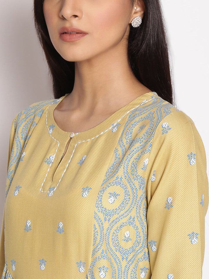 W Women Yellow & Blue Ethnic Motifs Printed Flared Sleeves Kurta