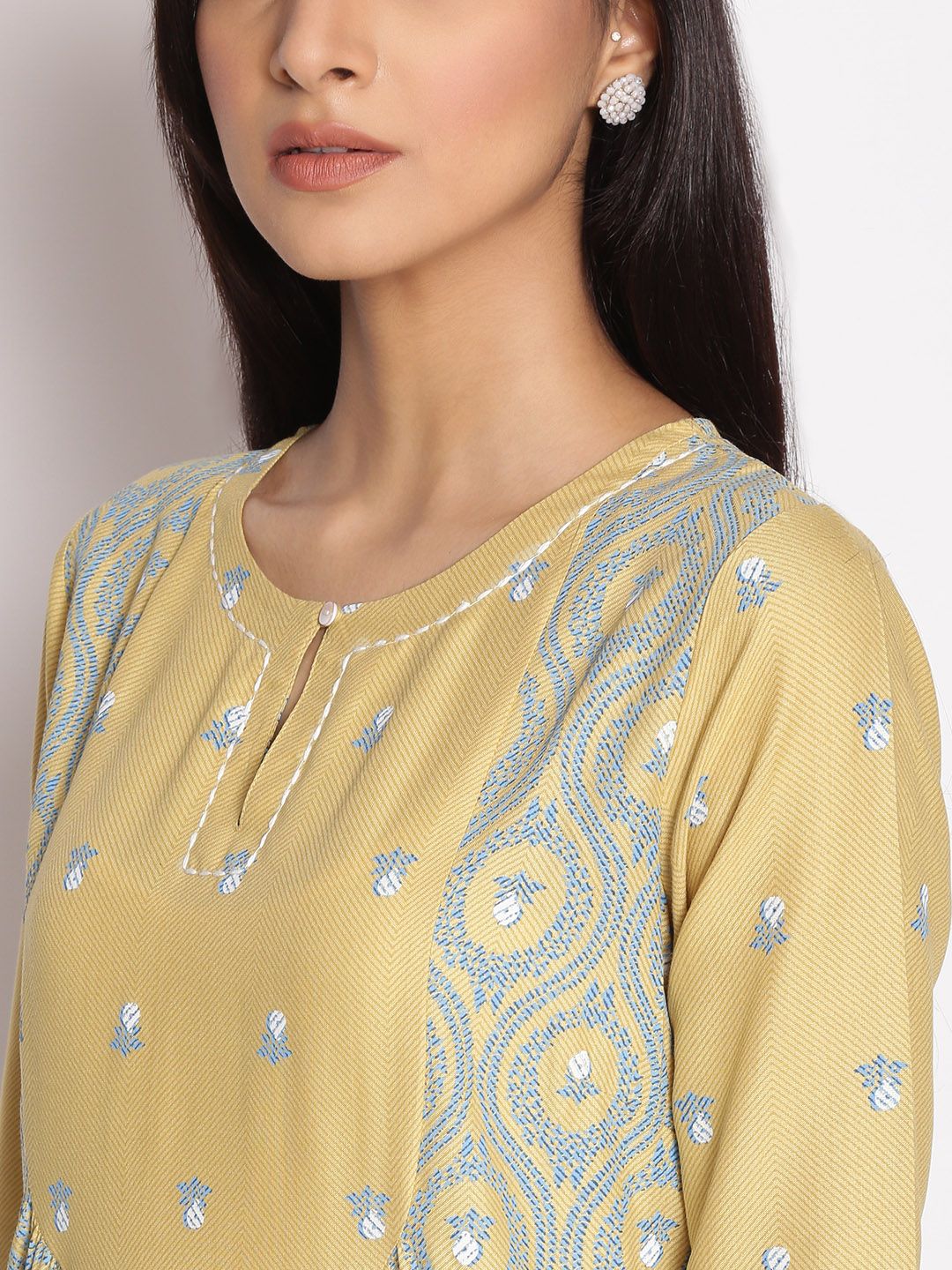 W Women Yellow & Blue Ethnic Motifs Printed Flared Sleeves Kurta