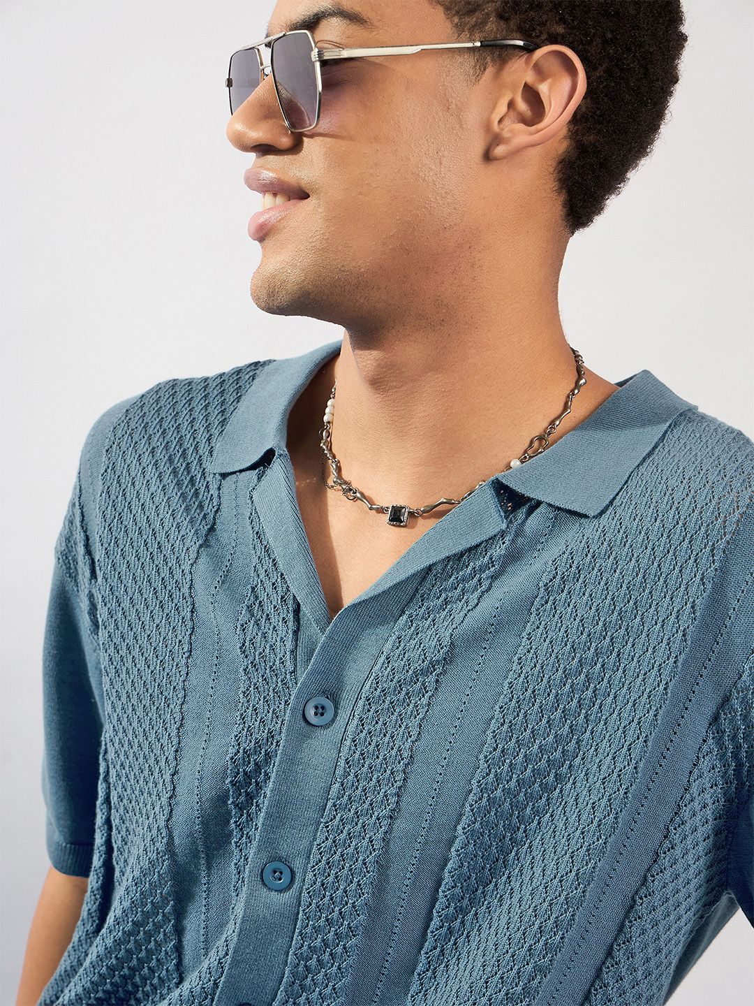 DENNISON Textured Polo Collar Front Open T-Shirt