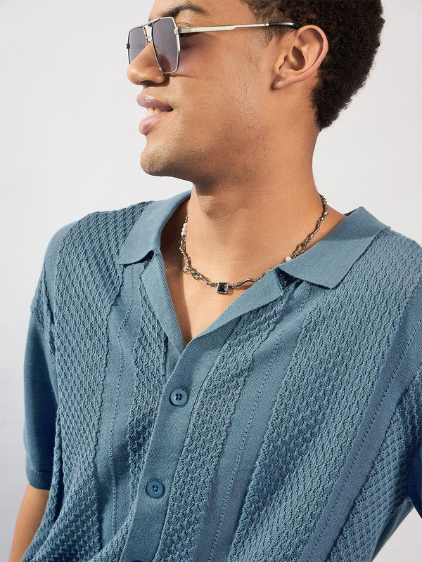 DENNISON Textured Polo Collar Front Open T-Shirt