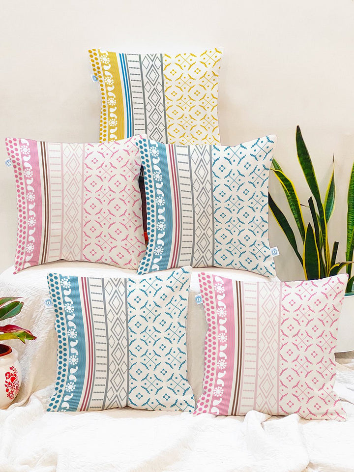 STITCHNEST Pink & Off-White Set of 5 Aztec Printed Square Cushion Covers