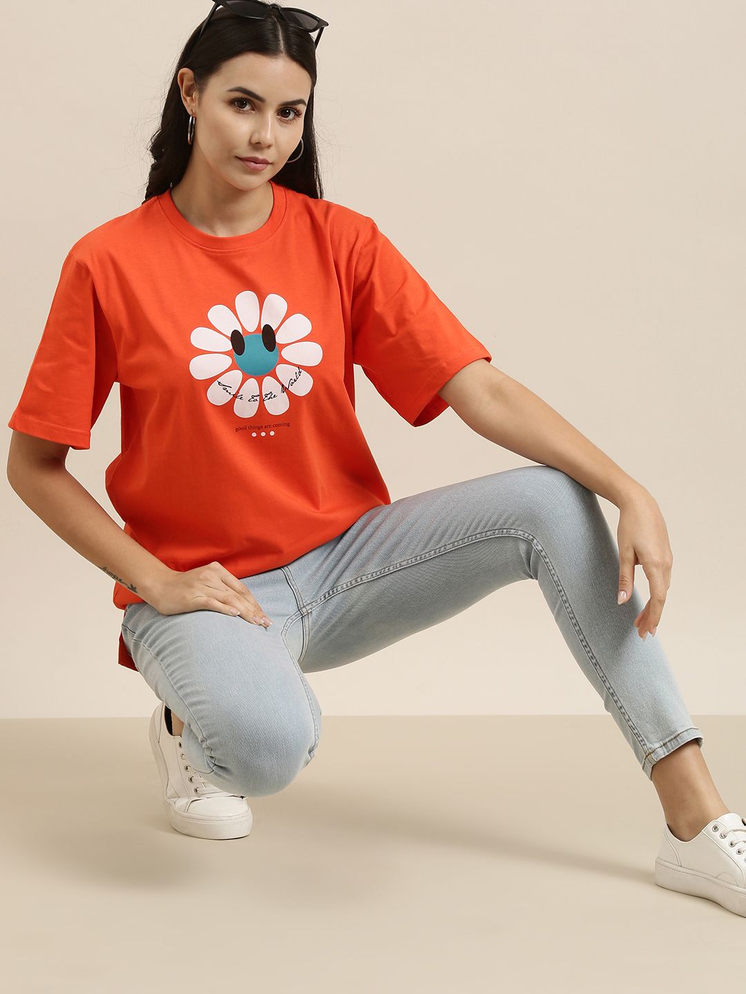 Difference of Opinion Women Orange Typography Printed Pure Cotton Oversized T-Shirt