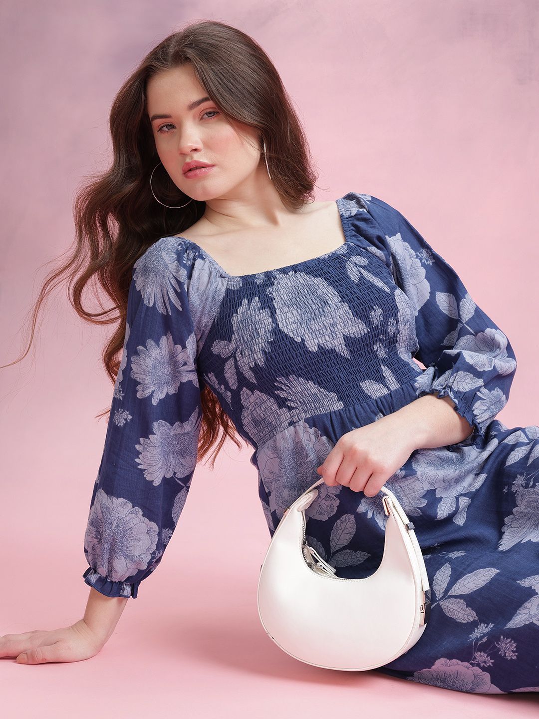 DressBerry Floral Print Smocked Puff Sleeve Fit & Flare Dress