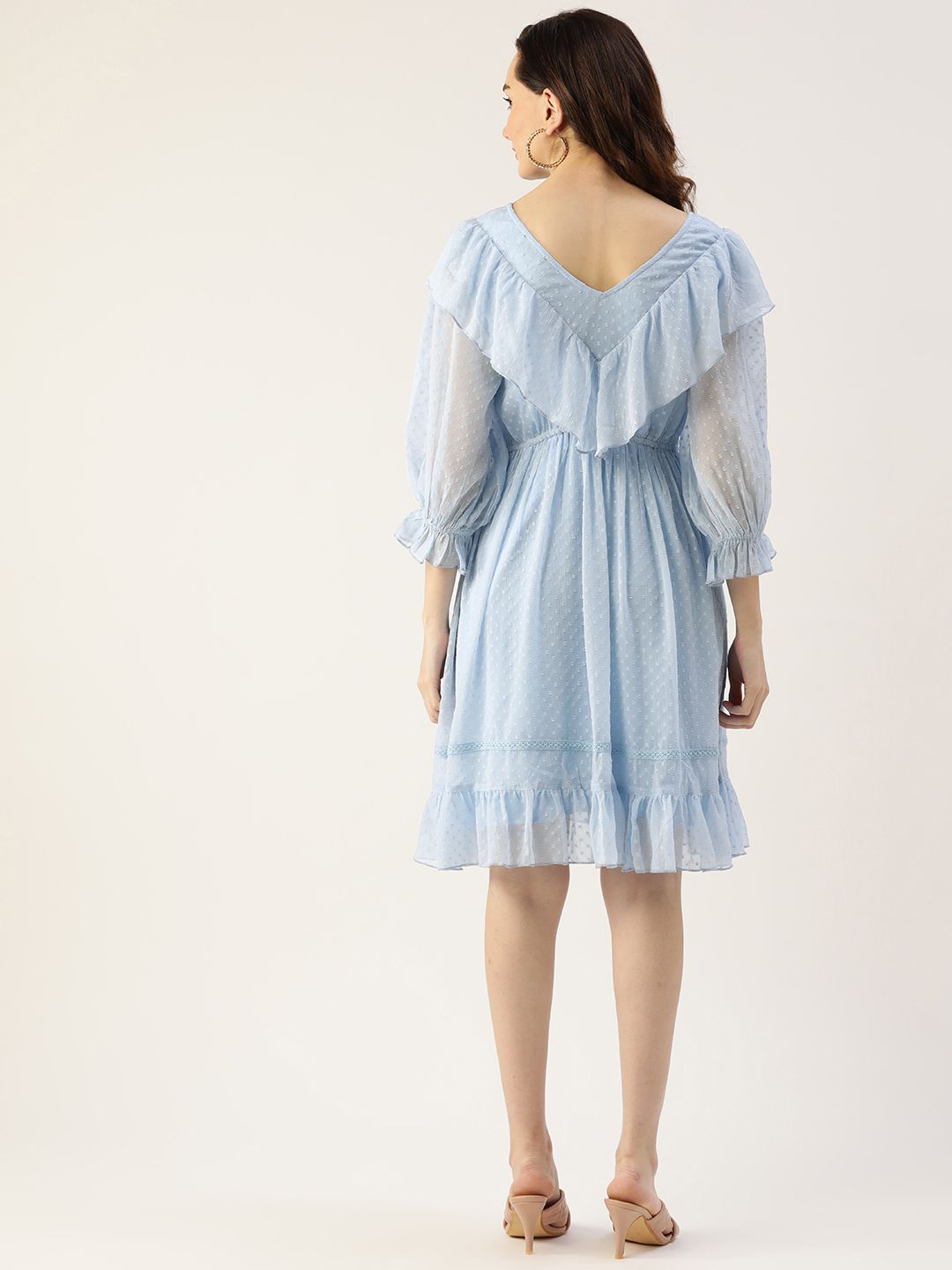 Antheaa Women Blue Dobby Weave Ruffle Detail A-Line Dress