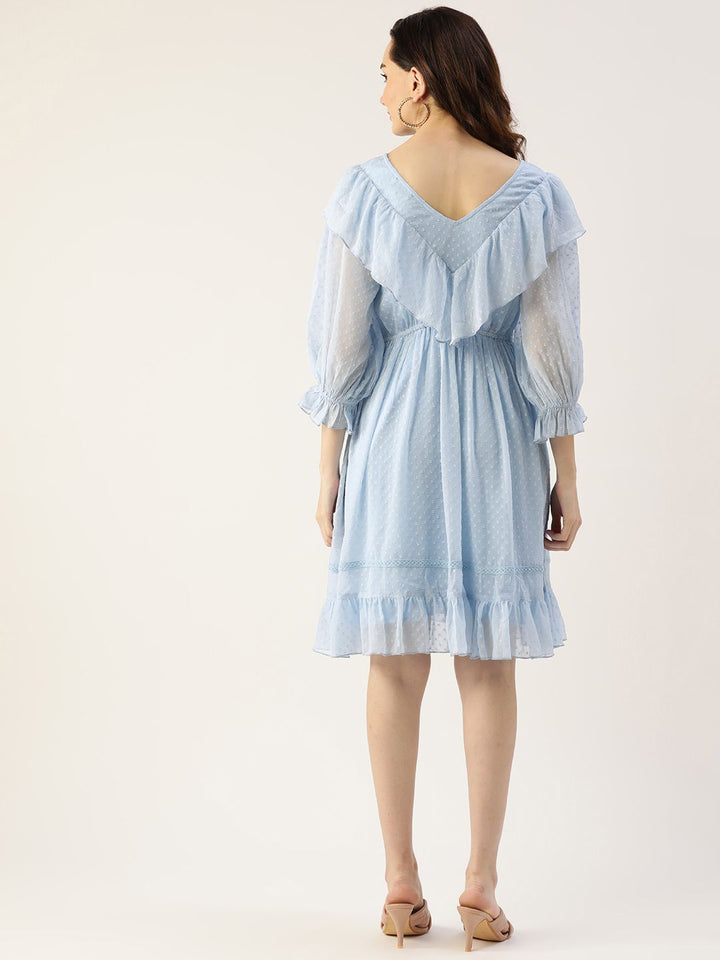 Antheaa Women Blue Dobby Weave Ruffle Detail A-Line Dress