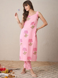 Indo Era Women Floral Printed Regular Pure Cotton Kurta with Trousers