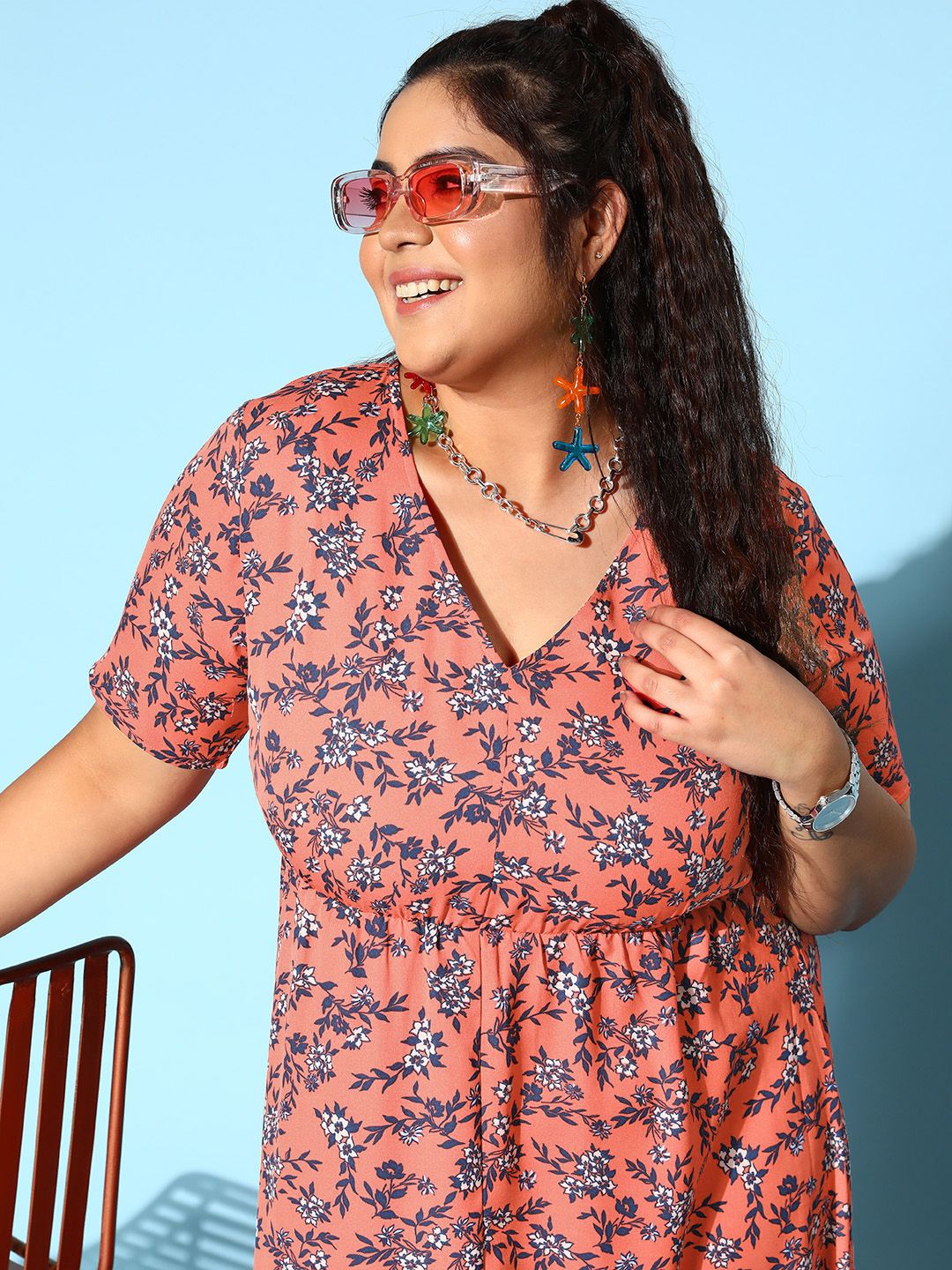 Berrylush Curve Women Bright Orange Floral New Neckline Dress