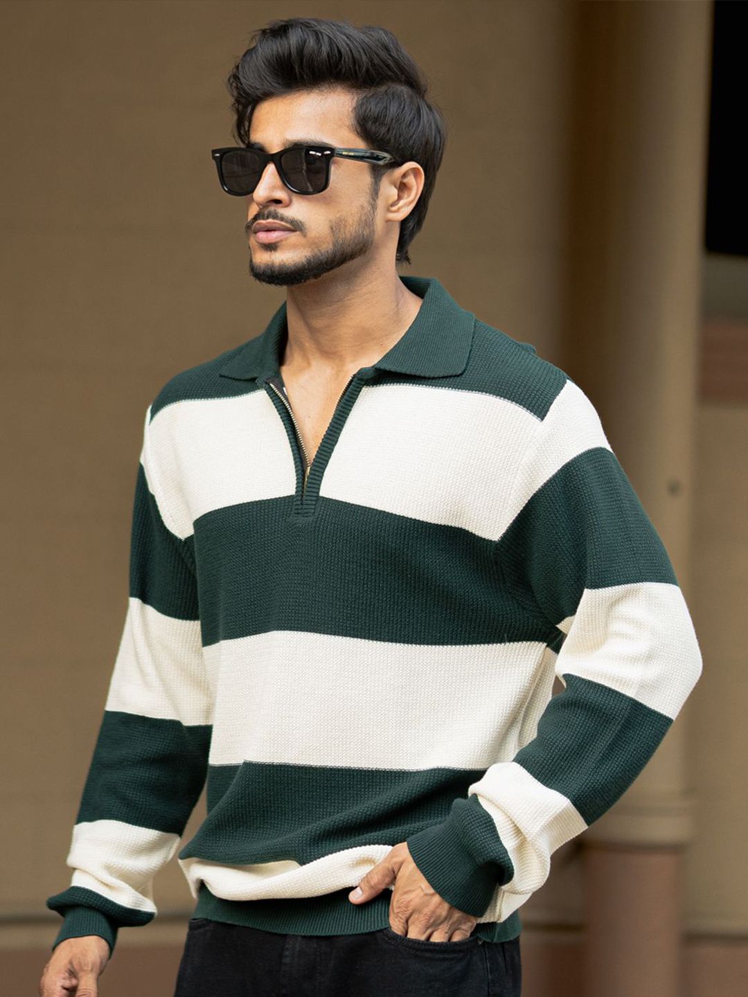 Powerlook Men Striped Polo Collar Cotton Relaxed Fit T-shirt