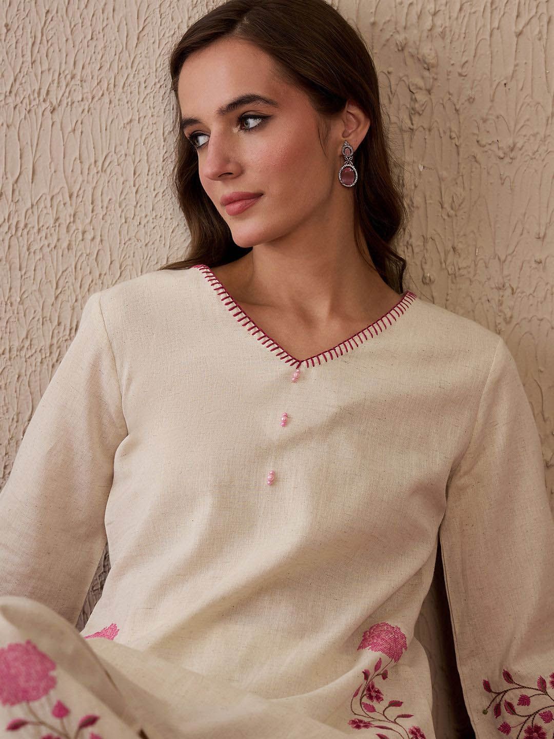 Indo Era Women Floral Embroidered Regular Thread Work Pure Cotton Kurta with Palazzos
