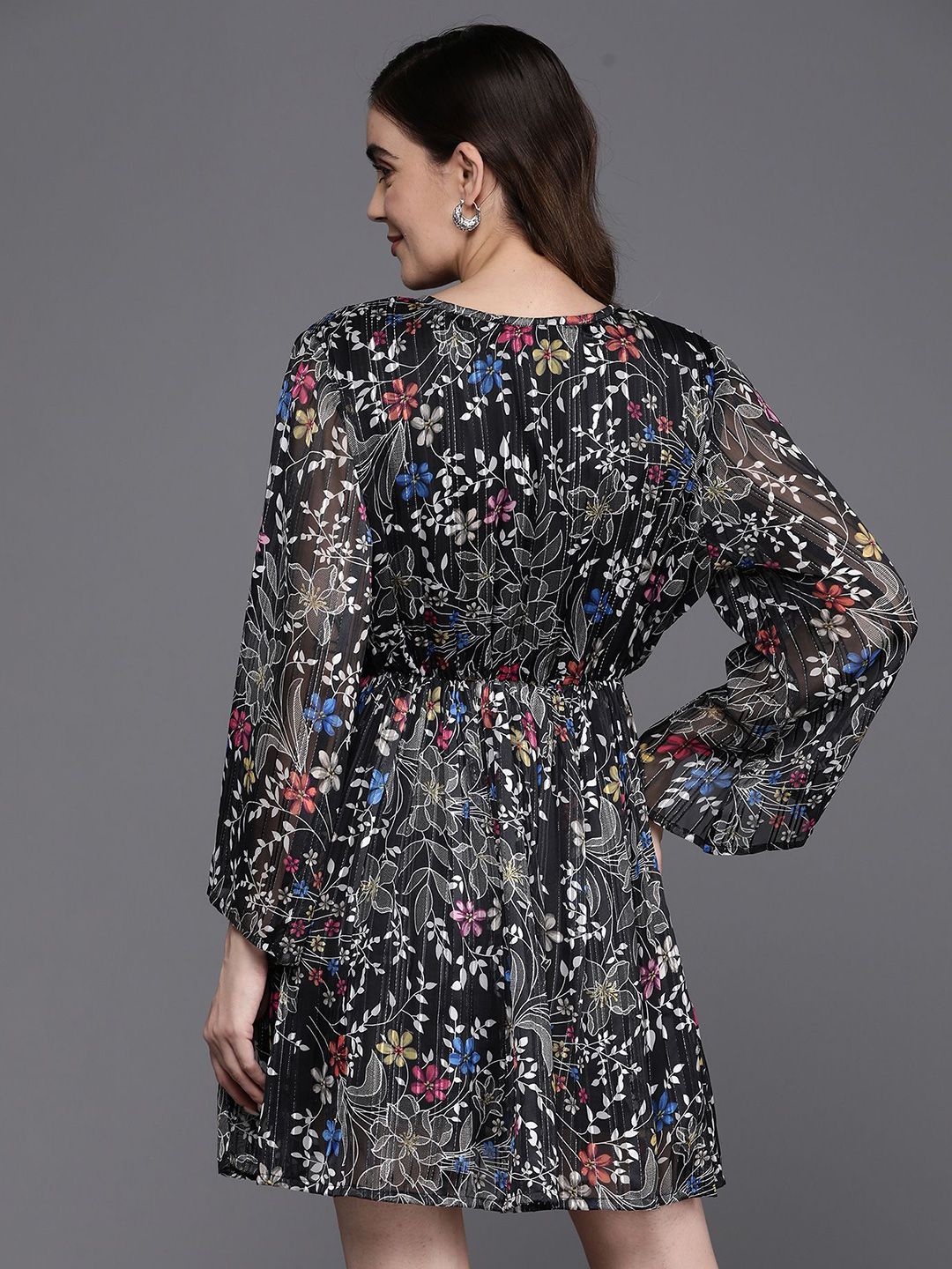 Indo Era Floral Print Flared Sleeves Gathered Or Pleated Georgette A-Line Dress
