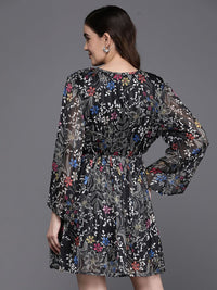 Indo Era Floral Print Flared Sleeves Gathered Or Pleated Georgette A-Line Dress