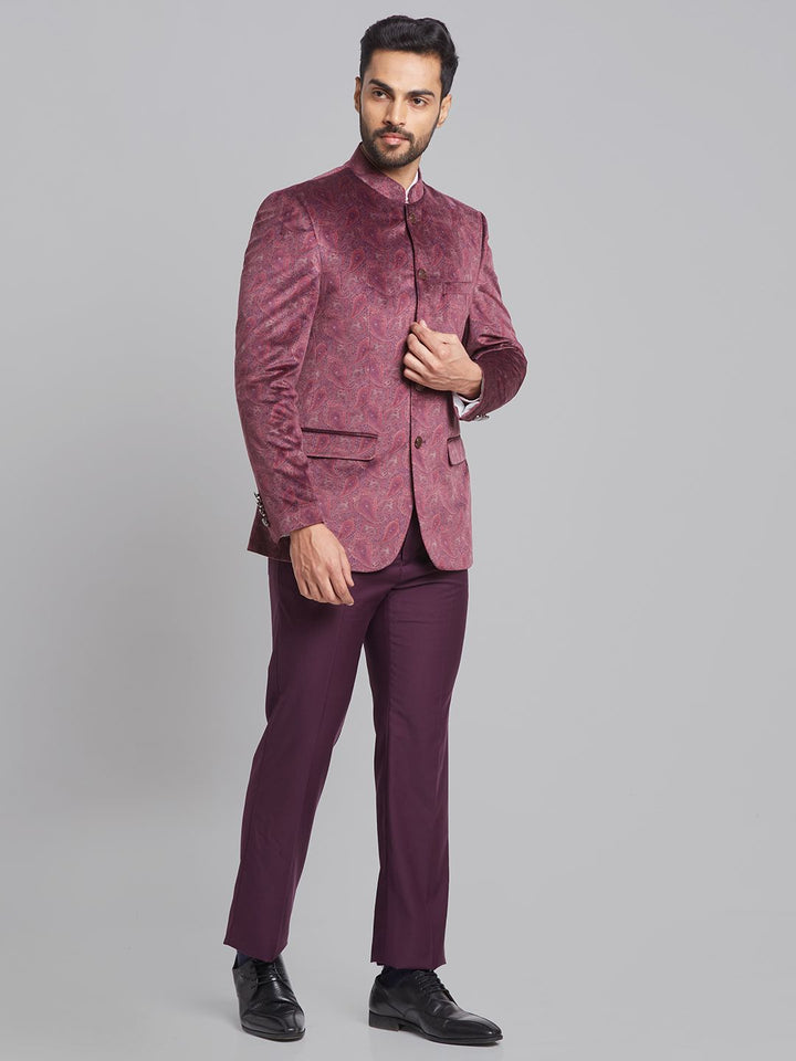 Raymond Paisley Printed Single-Breasted Velvet Finish Contemporary Fit Bandhgala Suit