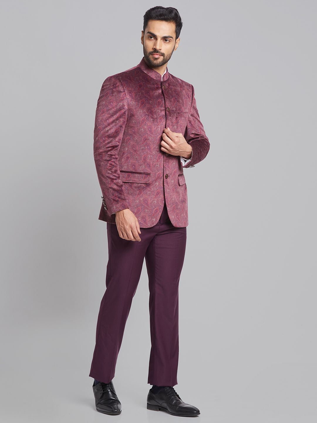 Raymond Paisley Printed Single-Breasted Velvet Finish Contemporary Fit Bandhgala Suit