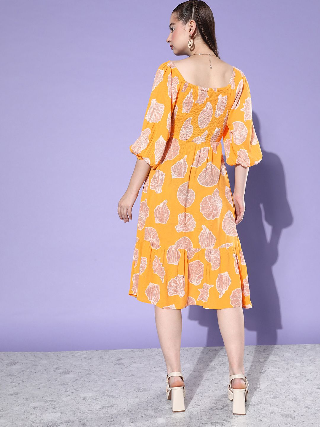 all about you Printed Puff Sleeve Romance Ramble-Decorative Smocking A-Line Dress
