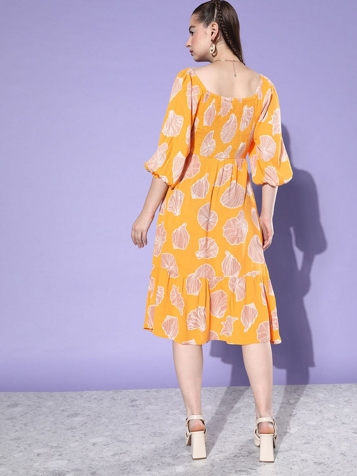 all about you Printed Puff Sleeve Romance Ramble-Decorative Smocking A-Line Dress