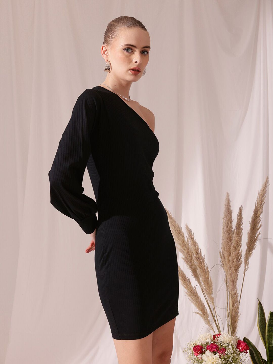 STREET 9 One Shoulder Long Puff Sleeves A-Line Dress