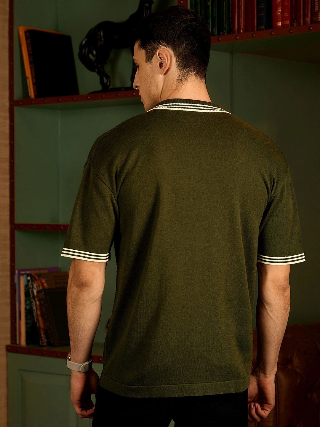 DENNISON Men Stretchex Self Design Polo Collar Cotton Oversized Shirt
