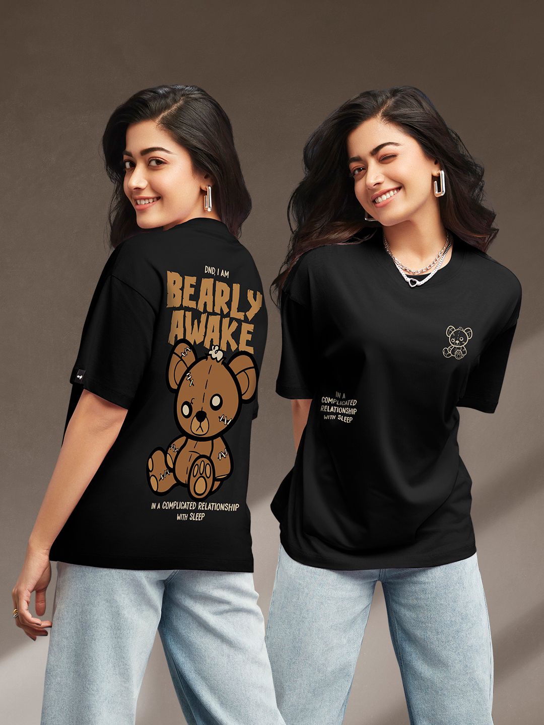 Bewakoof Black Bearly Awake Graphic Printed Round Neck Cotton Oversized T-shirt