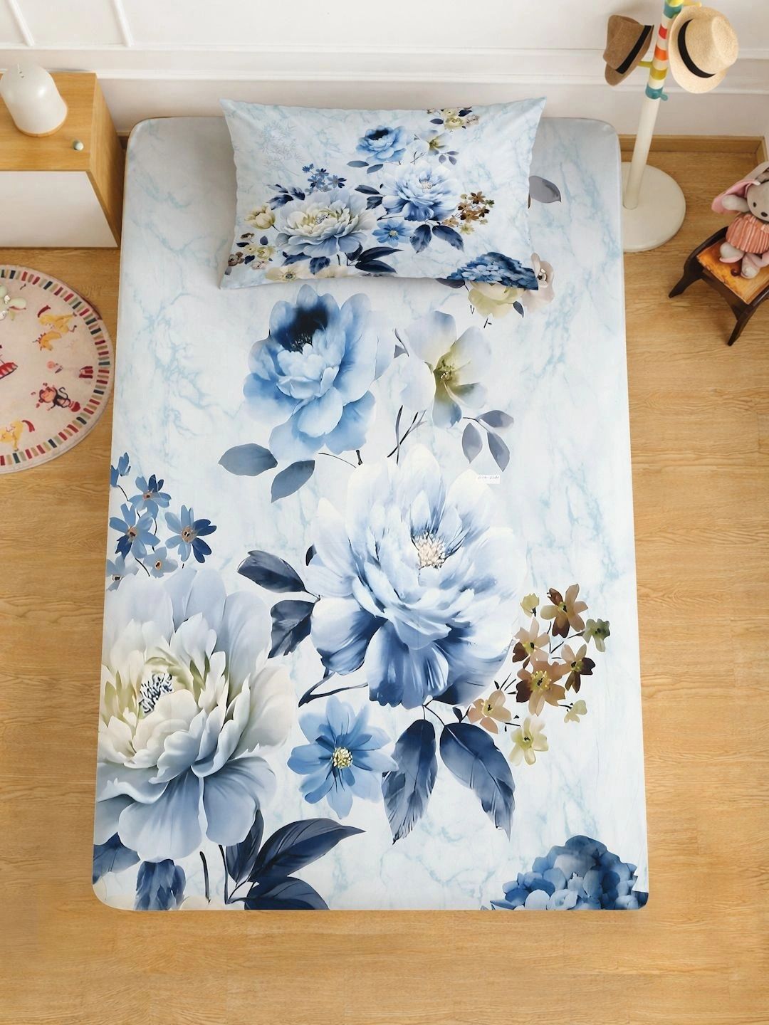 Moda Rapido X KLOTTHE Blue Floral 400 TC Single Bedsheet with 1 Pillow Covers