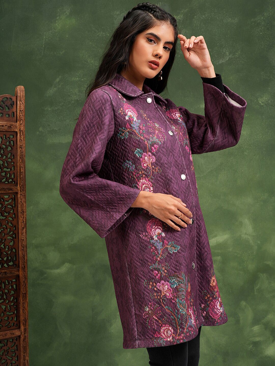 Vishudh Floral Printed Spread Collar Longline Quilted Jacket