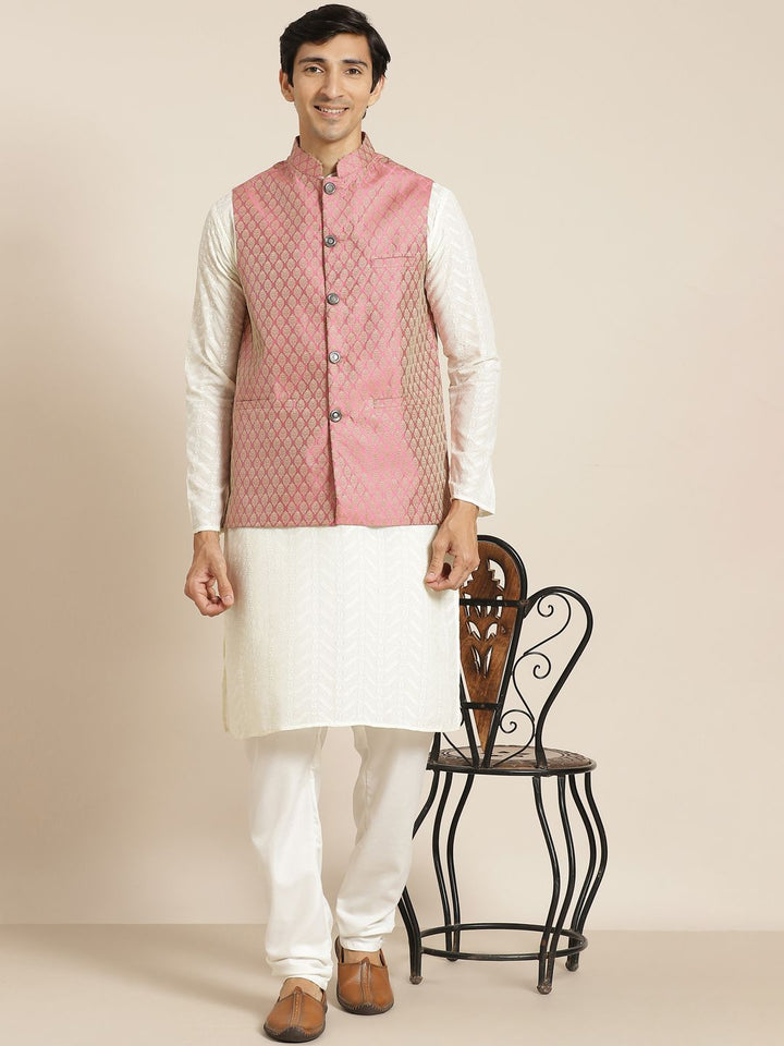 SOJANYA Men Cream-Coloured Chikankari Pure Cotton Kurta with Churidar & Nehru Jacket