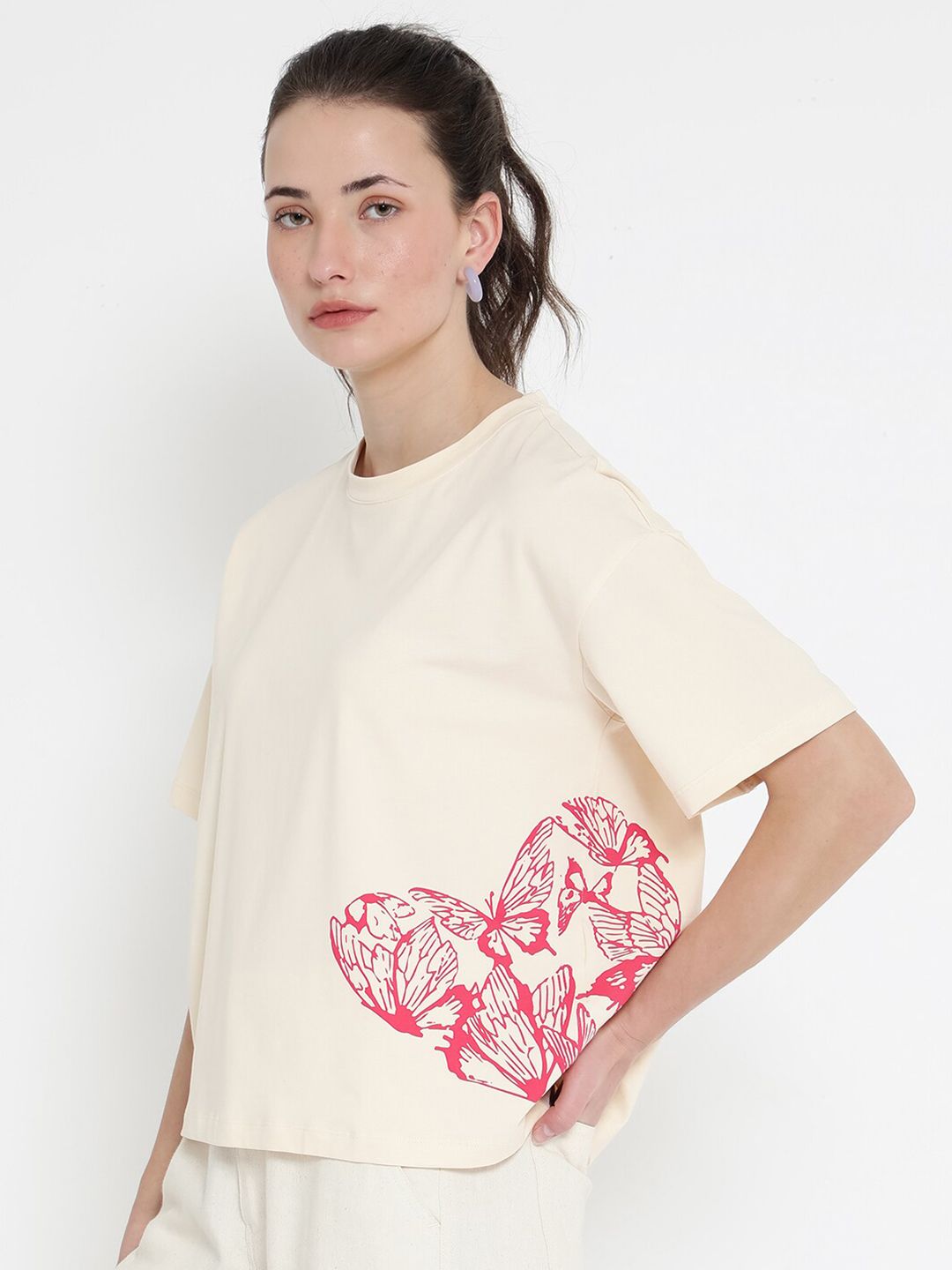 RAREISM Round Neck Drop-Shoulder Sleeves Boxy T-shirt