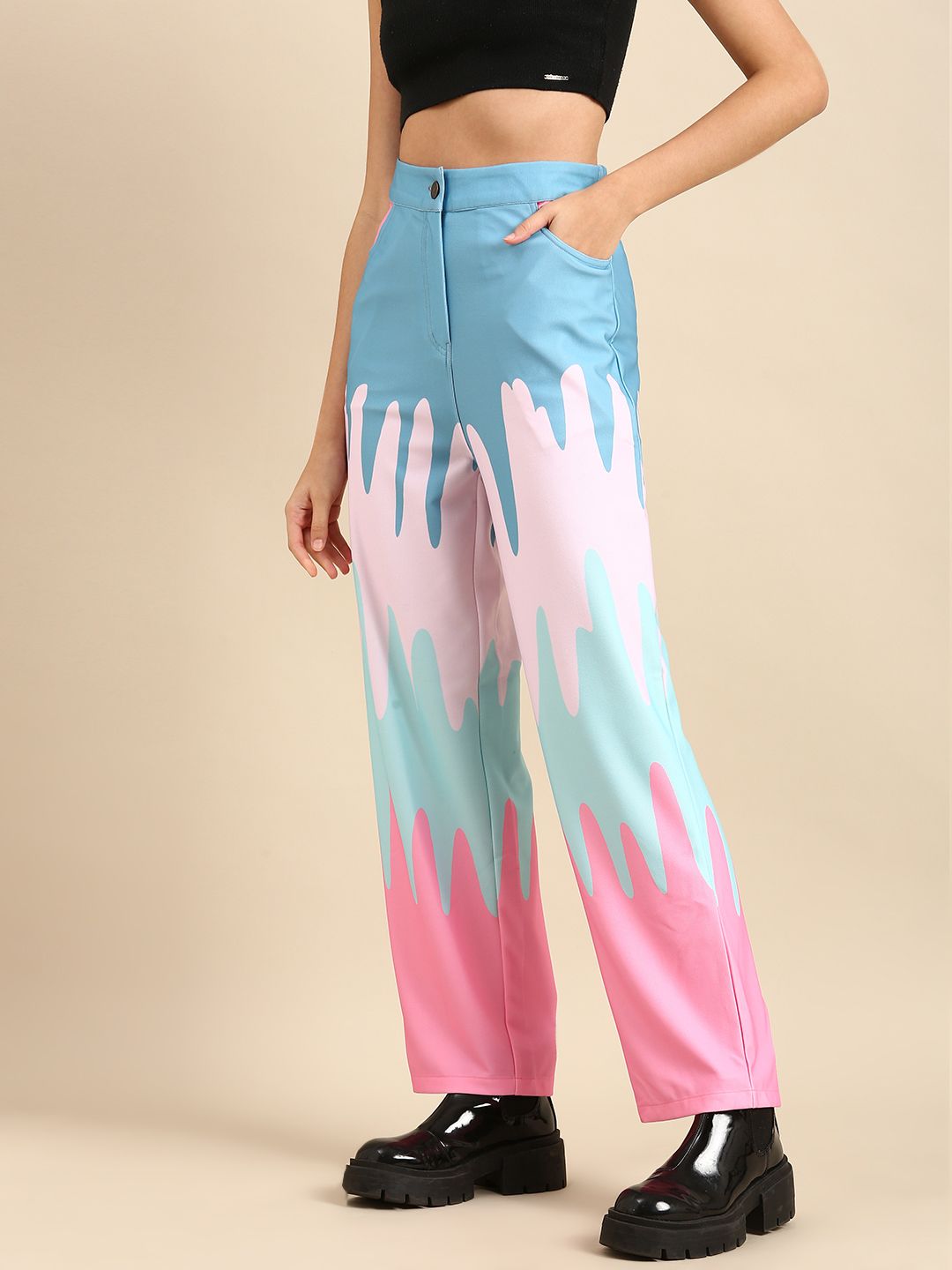 Athena Women Blue Colourblocked Printed Trousers