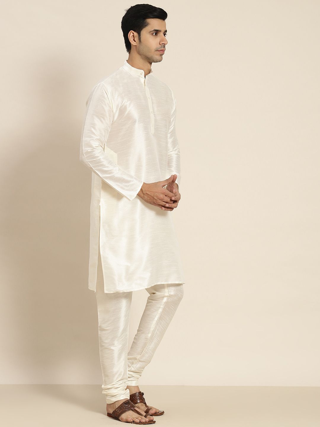 SOJANYA Men Cream-Coloured Kurta with Churidar