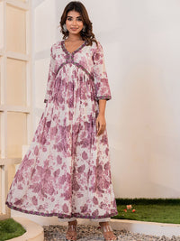Vishudh White Floral Printed V-Neck Thread Work Pure Cotton Kurta with Trousers & Dupatta