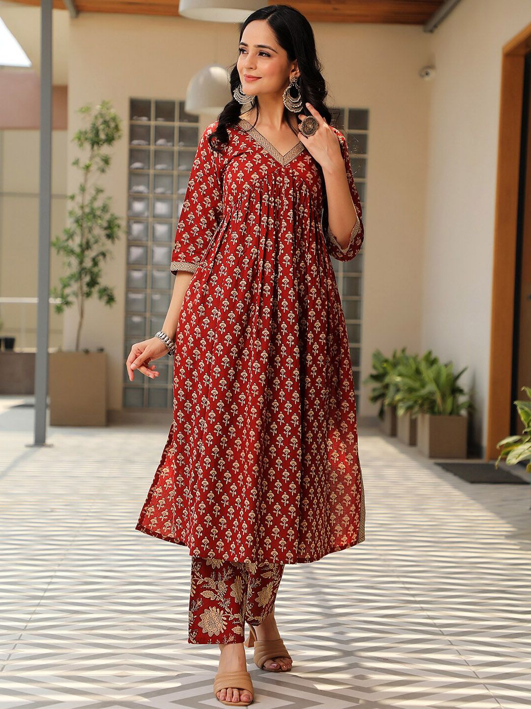 Libas V Neck Floral Printed Empire Pure Cotton A Line Kurta with Palazzo