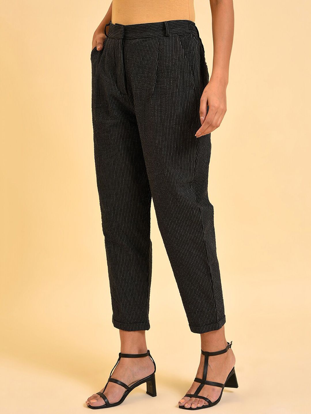 W Women Black Striped Pure Cotton Pleated Trousers