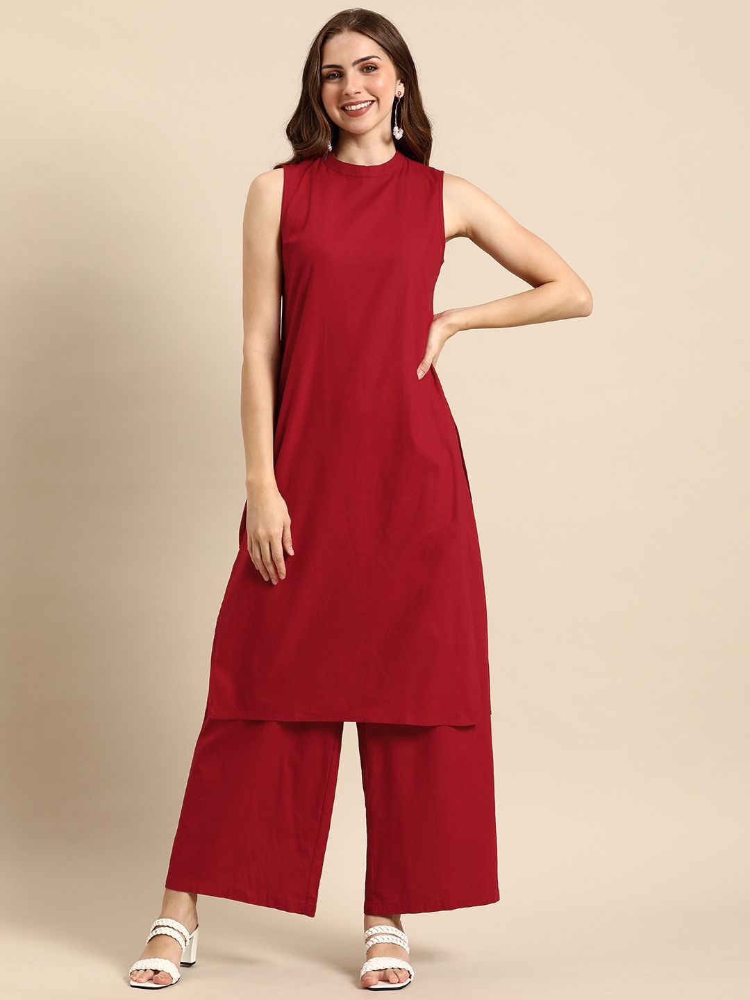 Anouk Women Solid Round Neck Pure Cotton Kurta