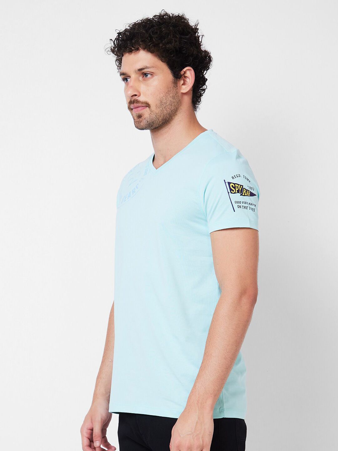 SPYKAR Typography Printed V-Neck Cotton Slim Fit T-shirt