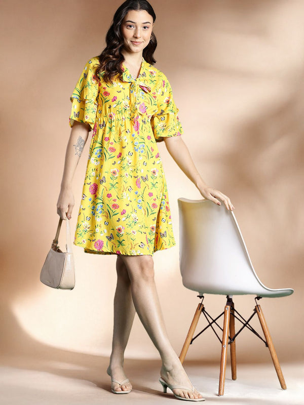 DressBerry Printed Tie-Up Leher Flared Mini Dress