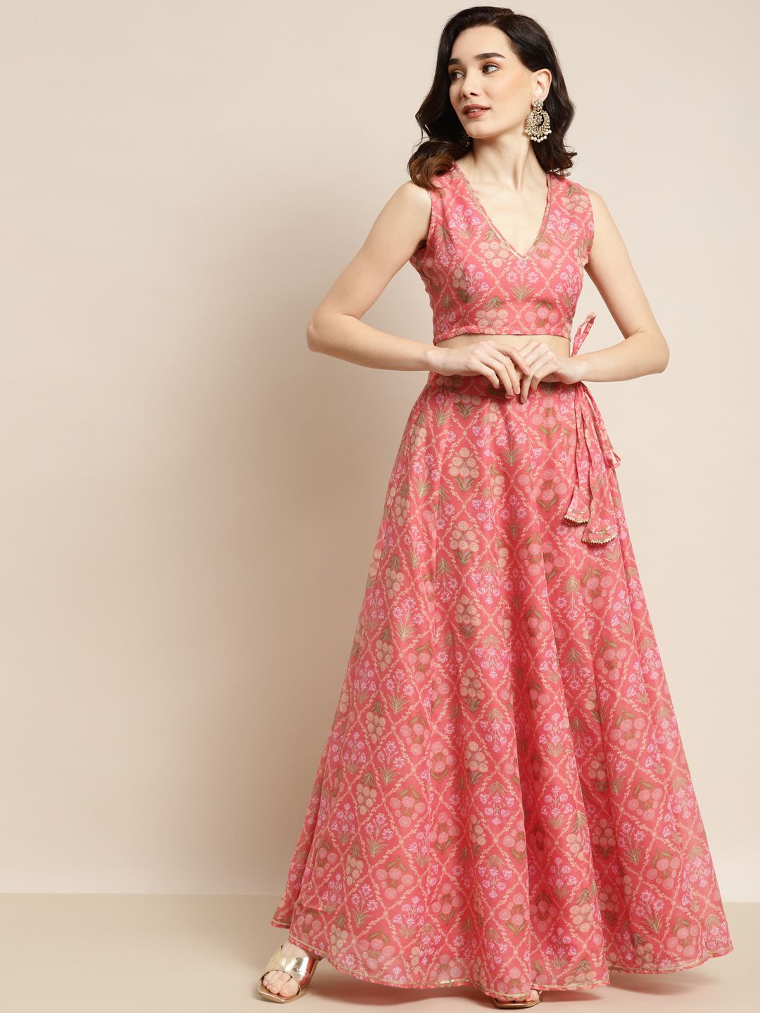 Shae by SASSAFRAS Peach-Coloured & Olive Green Printed Fusion Lehenga Choli