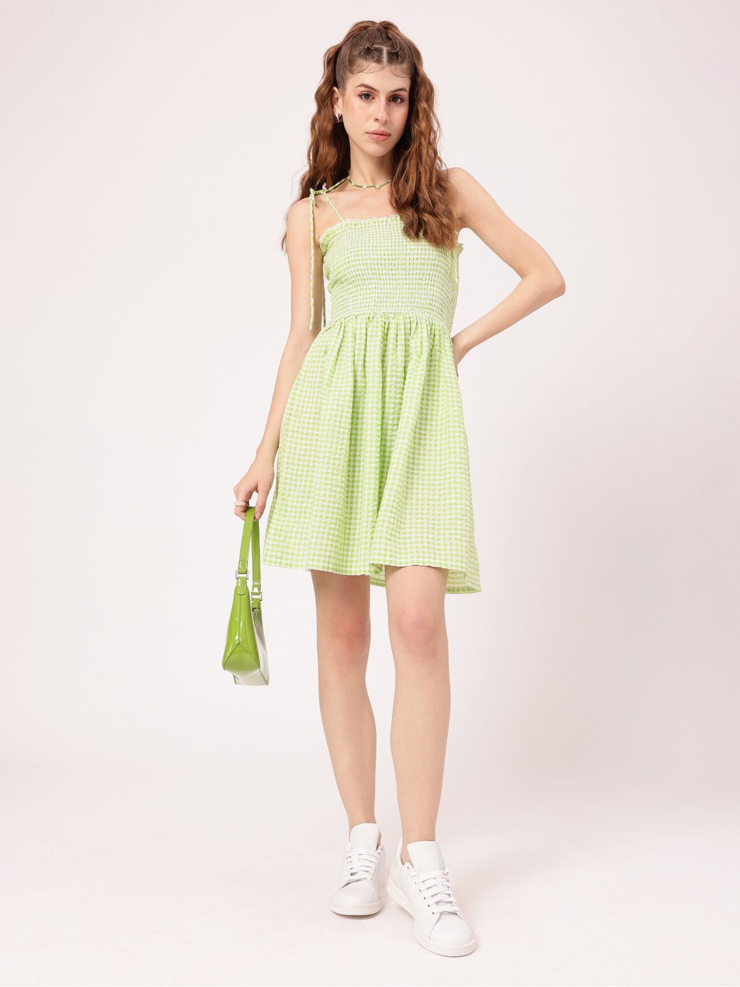DressBerry Playful Bodice Smocked Tie-Up Straps Seersucker Checked A-line Dress