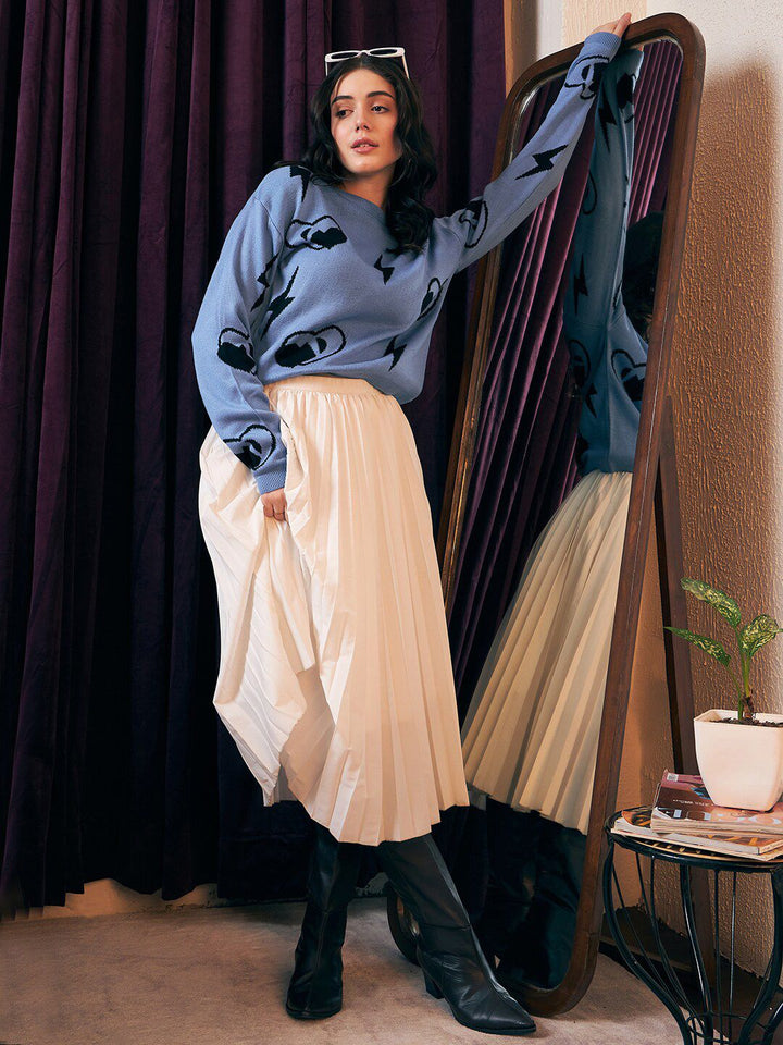 Berrylush Blue Graphic Printed Acrylic Pullover