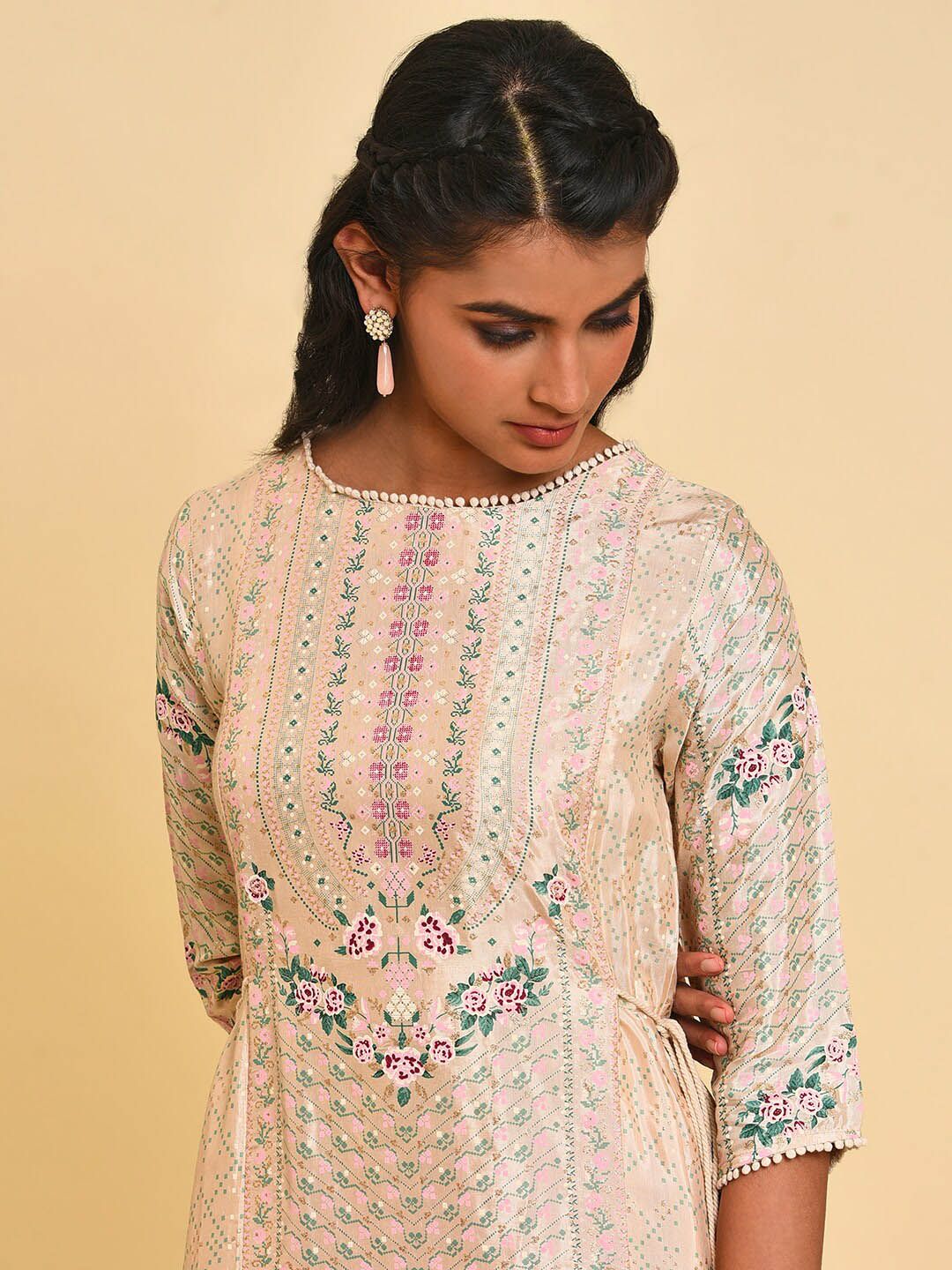 W Floral Printed Boat Neck Asymmetric A-Line Kurta