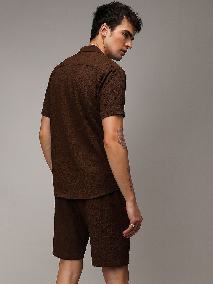 Campus Sutra Chocolate Brown Short Sleeves Textured Shirt & Shorts