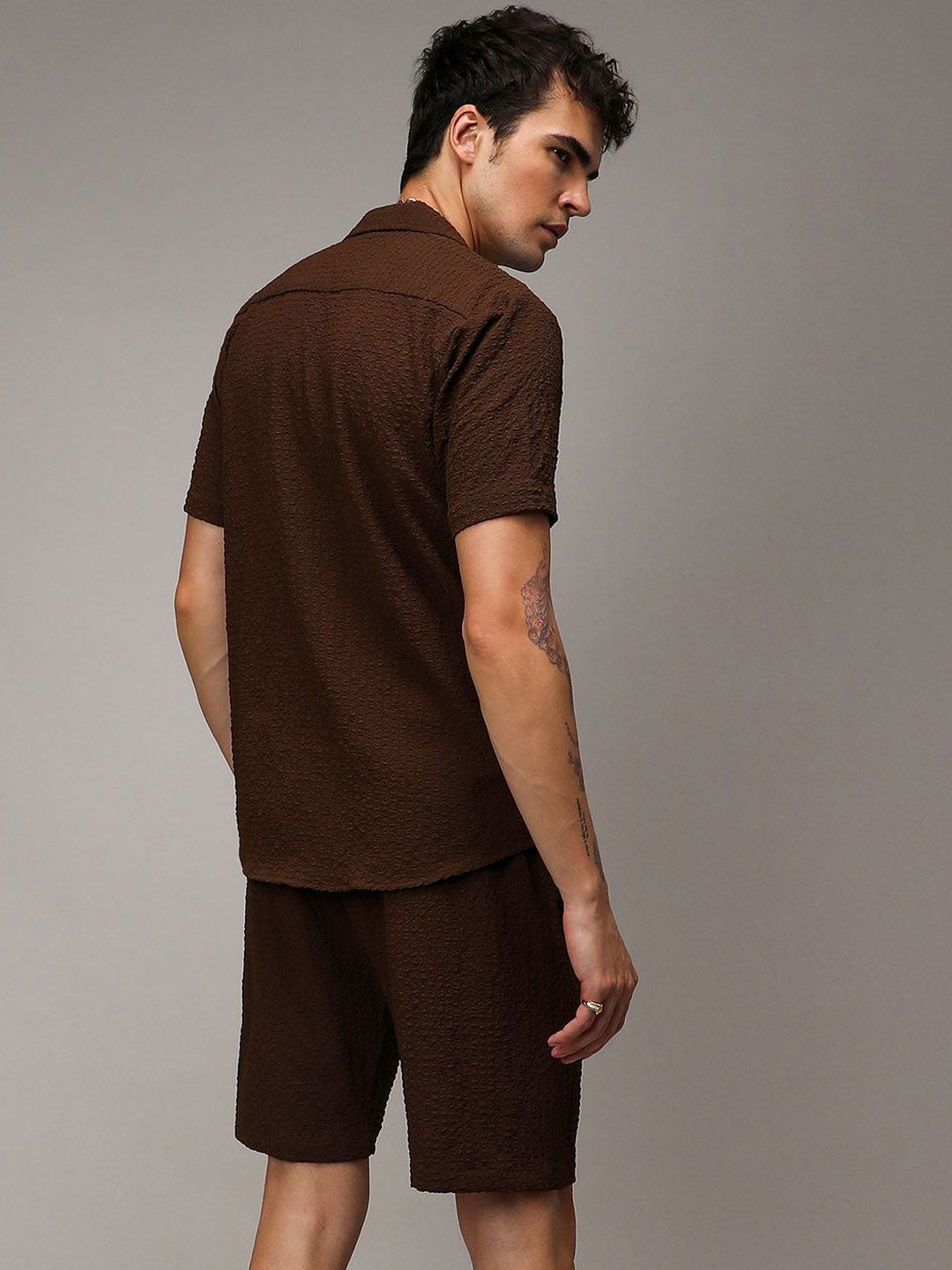 Campus Sutra Chocolate Brown Short Sleeves Textured Shirt & Shorts
