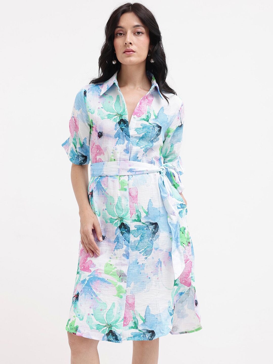 RAREISM Floral Print Knee Length Shirt Dress
