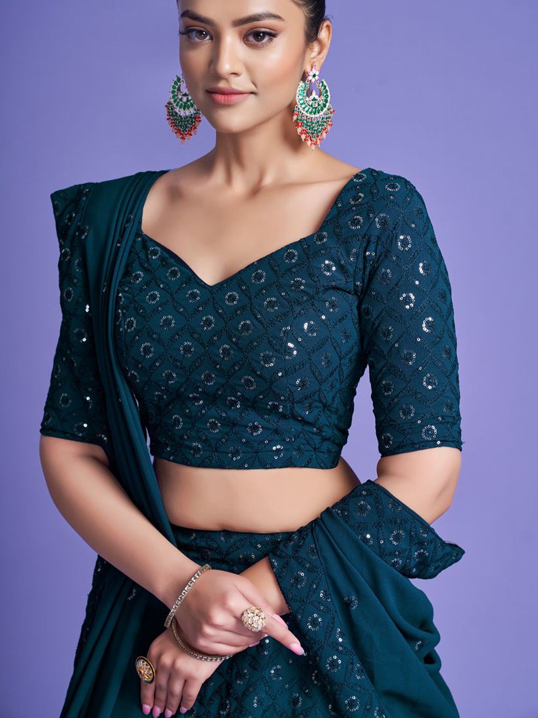 KALINI Embroidered Sequinned Semi-Stitched Lehenga & Unstitched Blouse With Dupatta