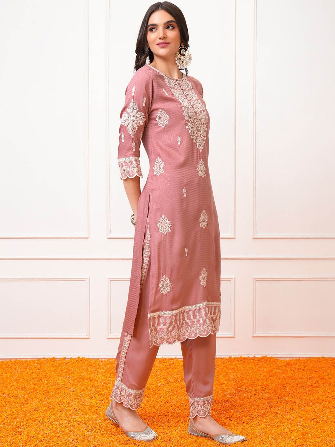 Vishudh Rose Ethnic Motifs Embroidered Regular Kurta with Trouser & Dupatta