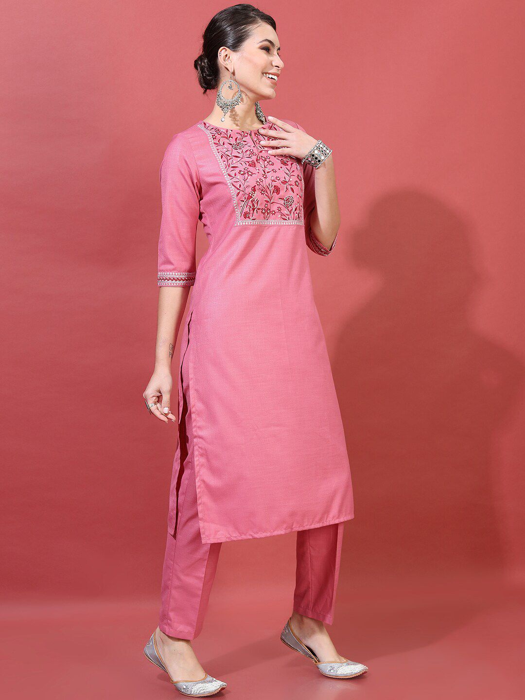 Vishudh Women Rose Yoke Design Thread Work Kurta with Trousers