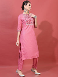 Vishudh Women Rose Yoke Design Thread Work Kurta with Trousers