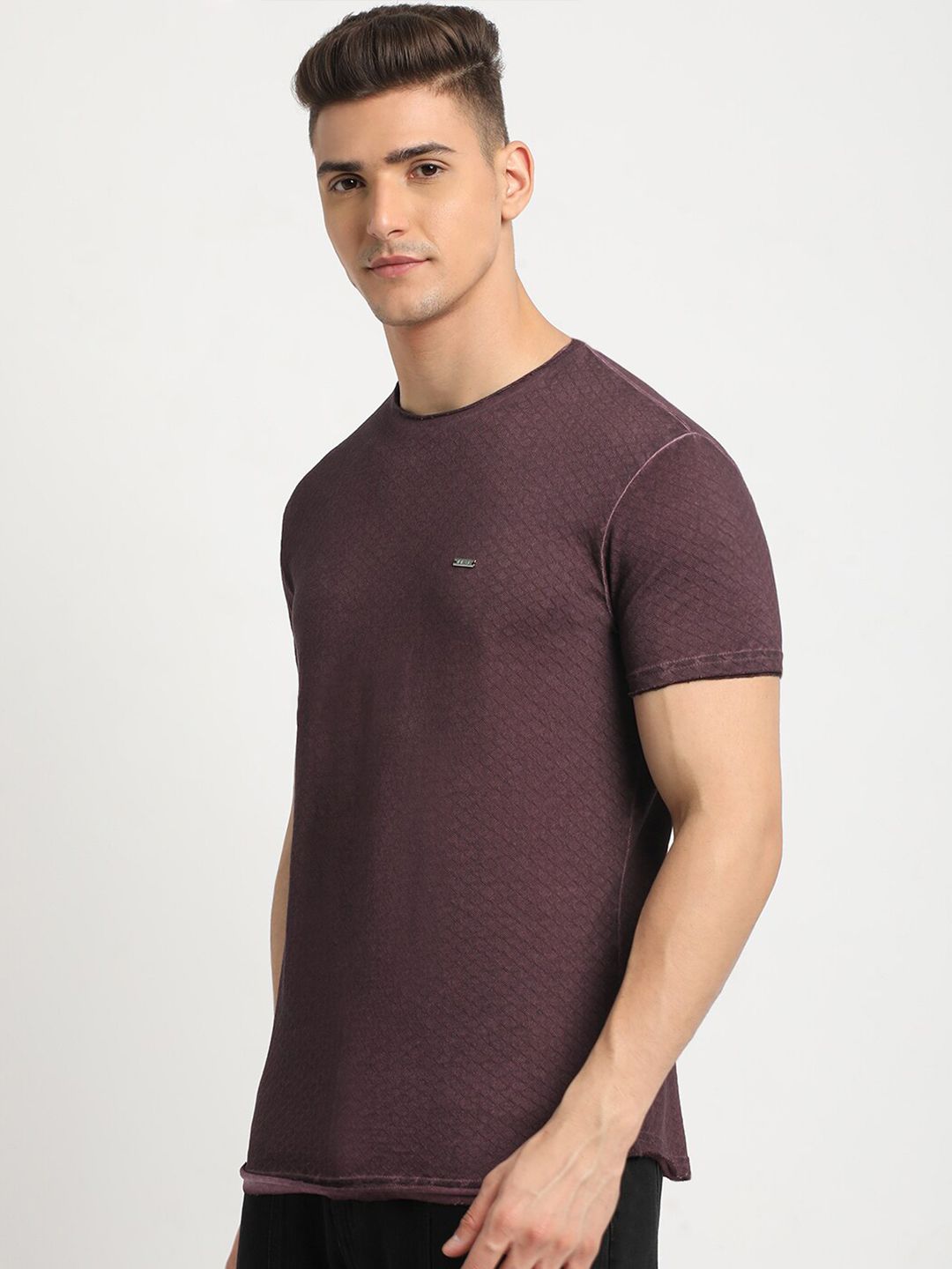 THE BEAR HOUSE Self Design Round Neck Short Sleeves Cotton T-shirt