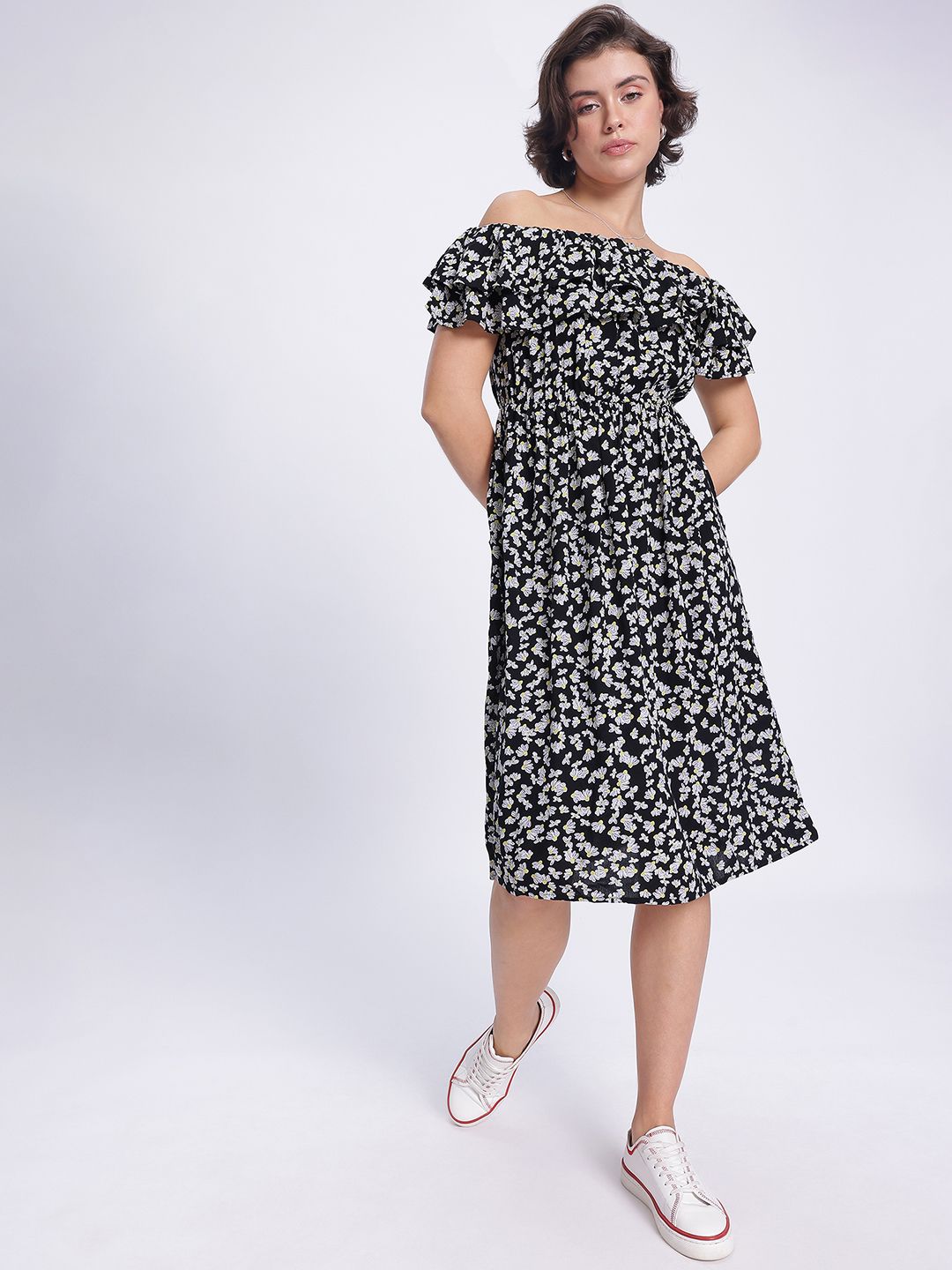 DressBerry Monochrome Florals Off-Shoulder A-Line Midi Dress