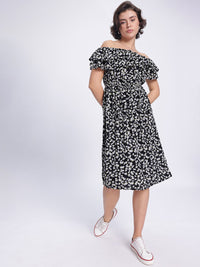 DressBerry Monochrome Florals Off-Shoulder A-Line Midi Dress