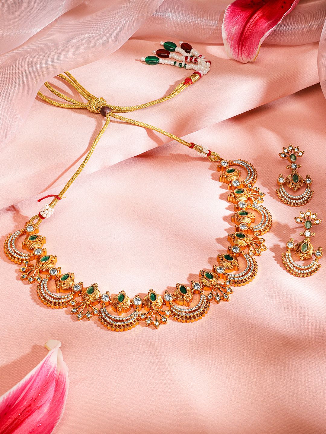 Rubans 24K Gold-Plated Emerald Green, White Cubic Zirconia & Pearl Beaded Jewellery Set